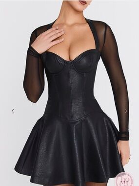 House of CB Black Faux-Leather Corset Mini Dress with Sheer Long Sleeves